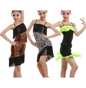 Tiger leopard printed fringes tassels strap backless girls kids children stage performance competition latin ballroom salsa dance dresses sets oufits